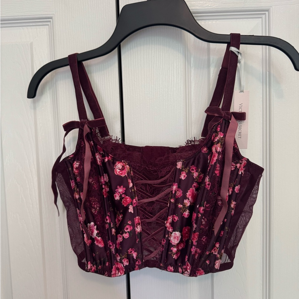 Victoria's Secret Burgundy Lace-Up Floral Bustier